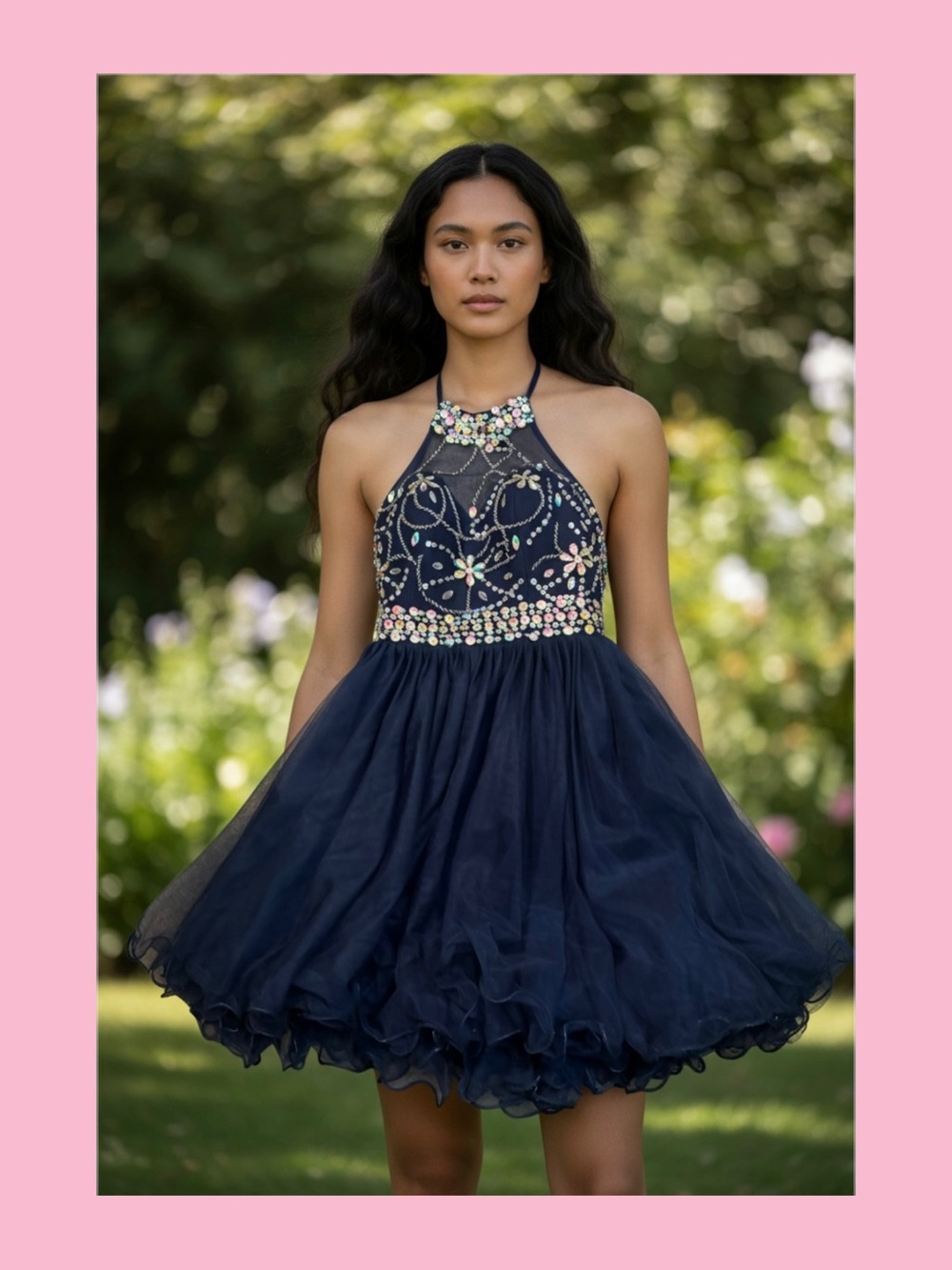 Navy Sequin Embellished Dress with Iridescent Beading